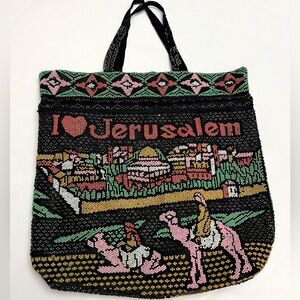 Vintage Jerusalem Colorful Beaded Black  Drawstring Bag